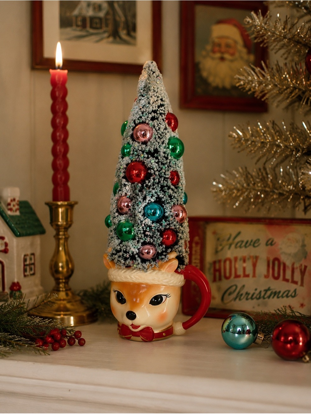 Vintage inspired Chr Decor Reindeer Mug Flocked Tree with ornaments Kitschy